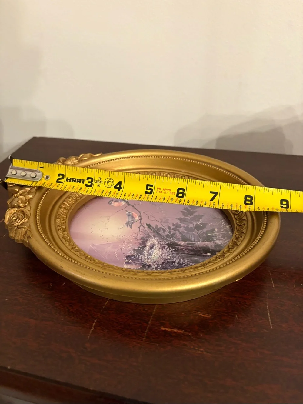 Homco Gold Ornate Oval Frame with Purple Bird Illustration